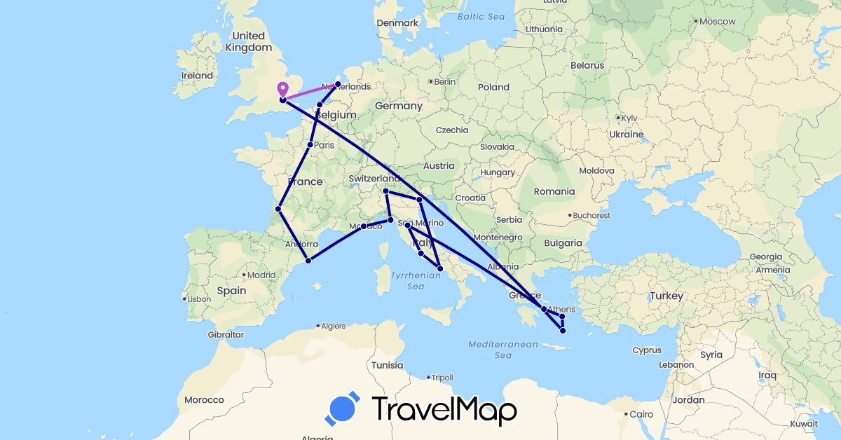 TravelMap itinerary: driving, train in Belgium, Spain, France, United Kingdom, Greece, Italy, Netherlands (Europe)